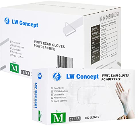 LW Concept Clear Vinyl Exam Gloves for Medical/Food Safe/Cooking/Cleaning/Handling Use Multipurpose Latex & Powder Free, 3.5 mil (LW3002, Medium, Case of 1000)