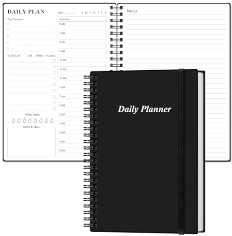 Tagesplaner undatiert - A5 To-Do-Liste Notizbuch Stundenpläne, Spiral-Terminplaner für Damen und Herren, PVC-Hardcover, Innentasche, elastischer Verschluss, 14,7 x 21,1 cm, Schwarz