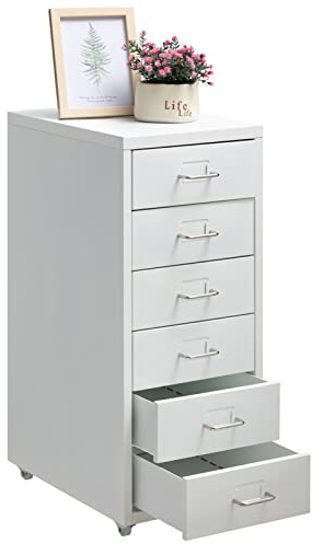 HollyHOME Mobiler Aktenschrank mit 6 Schubladen, rollender Akten-Organizer, Büro-Aktenschrank, Aufbewahrungsschrank aus Metall mit Rollen für Zuhause, Büro und Schule, weiß