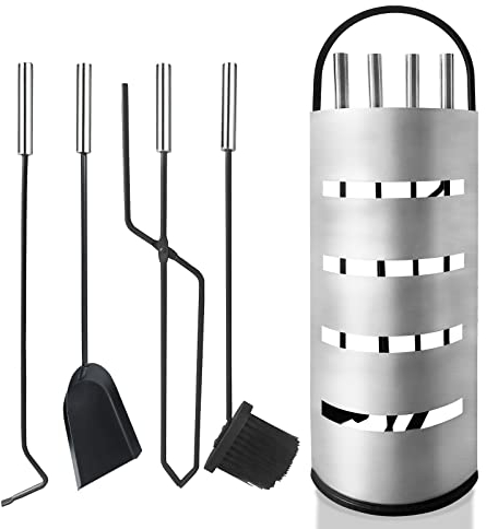 UISEBRT Set di 5 posate per camino, in acciaio inox, con supporto, scopa, pinza, gancio, paletta per cenere, posate da forno con manici in acciaio inox, colore argento