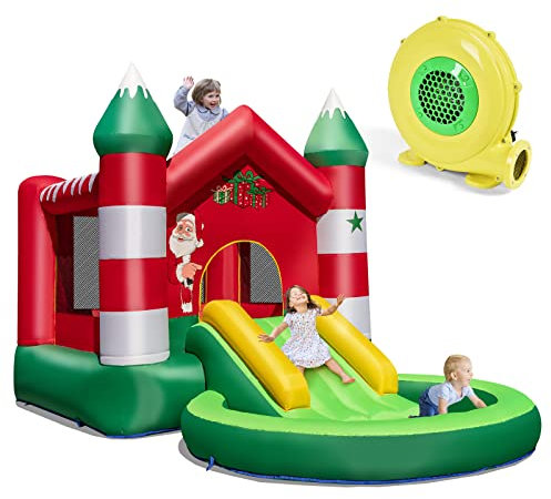 COSTWAY Inflatable Bounce House, Christmas Theme Bouncy Castle with Slide, Ball Pit Pool and Jumping Area, Blow Up Kids Activity Center for Indoor Outdoor (with blower)