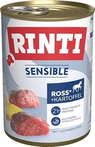 RINTI - Sensible | Nassfutter für Sensible, ausgewachsene Hunde mit natürlichen Fleischstücken. Getreidefreies Alleinfutter in der Dose ohne Zusatzstoffe | 6x400g Ross, Hühnerleber + Kartoffel