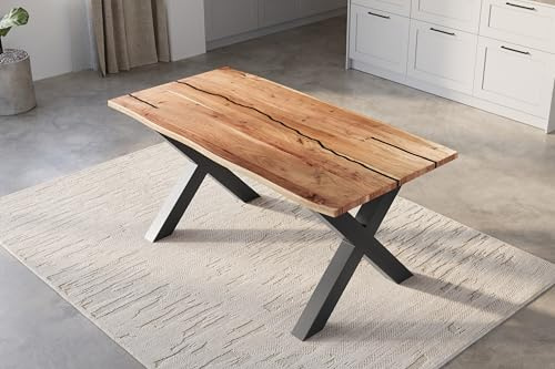 SAM Esstisch Polly Epoxy 140x80 cm Akazie Natur Baumkante X schwarz | Baumkantentisch massiv, Akazienholz naturfarben, 26 mm Tischplatte, Epoxidharz-Adern Schwarz, Eisengestell, Esszimmertisch
