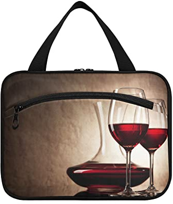 Carafe à décanter avec vin rouge et verre sur fond ancien, 1 trousse de toilette de voyage à suspendre avec poignées, organisateur de maquillage portable, étui de rangement pour pinceaux de voyage