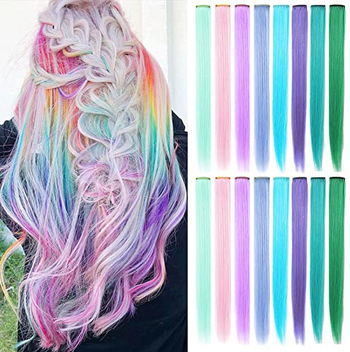 SHKJCHP 16 Pcs Eight Color Party Highlights Clip on in Hair Extensions,Colored Synthetic Straight Hairpieces Hair Accessories Gifts for Girls Women (Multicolor)
