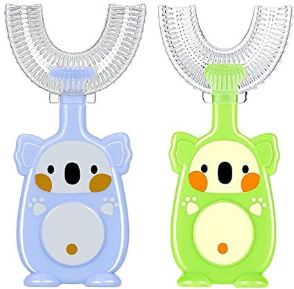 Brosse à Dent Enfant, Brosse à Dents en Forme de U pour Enfants, Lot de 2 brosses à dents manuelles en silicone en forme de U pour enfants de 2 à 4 ans (bleu + vert)