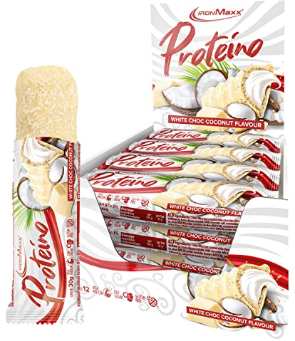 IronMaxx Proteino Proteinriegel 12x30g - White Choc Coconut | High Protein Bar mit cremiger Füllung auf Waffelbasis | Zuckerreduziert glutenfrei palmölfrei Fitness Snack
