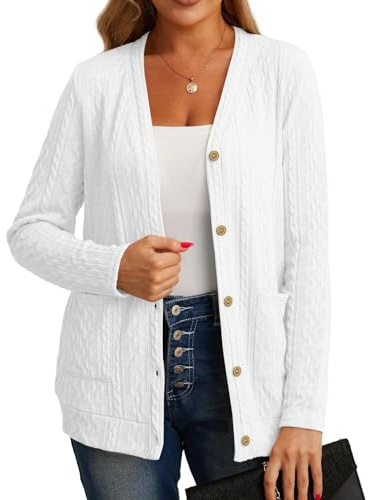 GRECERELLE Womens Cardigan Long Sleeve Lightweight Cardigans Button Down V Neck Ribbed Knit Outerwear Open Front Tops with Pocket for Ladies (White, M)