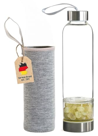 INTIRILIFE Trinkflasche Wasserflasche mit Heilsteinen mit grauer Tasche - Citrin - 400 ml Füllmenge - Flasche mit Edelsteinen Mineralsteinen