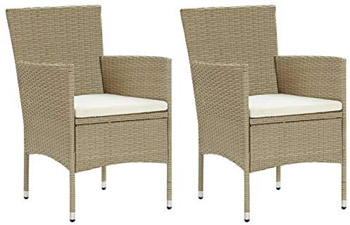 Homgoday Garten-Essstühle 2 STK. Poly Rattan Beige, Sitzpolster cremeweiß, 53x58x84 cm, für Outdoor-Entspannung Model310553