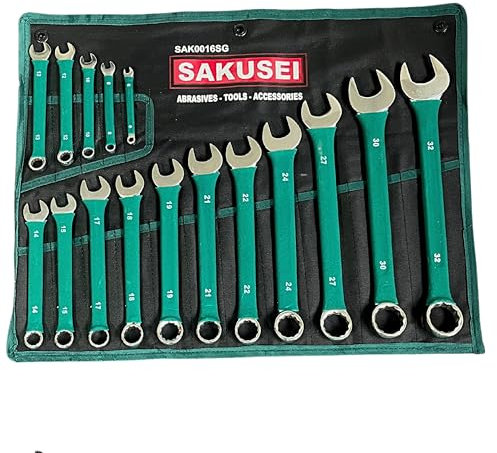 Sakusei Tools 16 Piece Soft Grip Spanner Set 6-32mm 16pc Green Combination Spanner Kit(SAK0016SG)