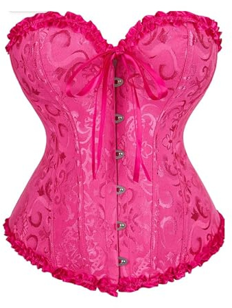 Bslingerie® Women Gothic Floral Lace Satin Overbust Corset (M, Hot Pink)