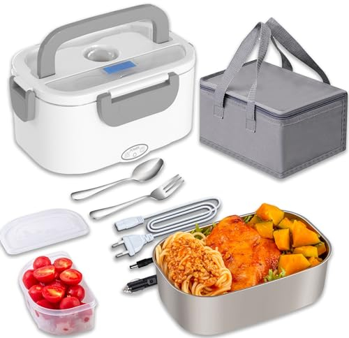 Nifogo Scaldavivande Elettrico 80W Lunch Box Elettrica 3 in 1 Contenitore Portavivande 1,5L l'ufficio, casa, Auto, Camion 12V 24V e 230V con Grigio Borsa isolante e Set di Posate（Bianco）