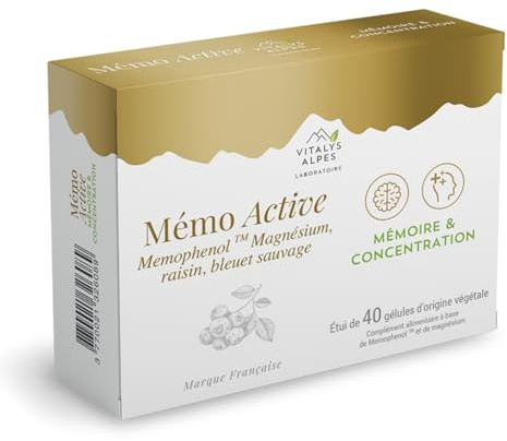VITALYS ALPES - Mémo Active - Complément Alimentaire Pour Soutenir les Fonctions Cognitives - Mémoire et Concentration - Ingrédients d'Origine Naturelle - Fabriqué en France - Boîte de 40 Gélules