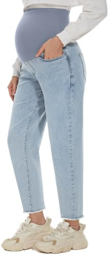 POSHGLAM Women's Maternity Boyfriend Jeans Over Belly Stretch Denim Pants Loose Casual Raw Hem Jeans with Pockets(Light Blue 26'', Small)