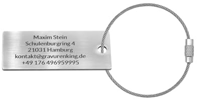 Kofferanhänger Gepäckanhänger aus Edelstahl mit individueller permanenter Lasergravur und Drahtseil (38x16mm)