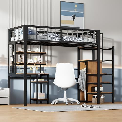 Dolamaní Hochbett 90x200 Tragfähigkeit 150 kg für Kinder, Jugendliche & Erwachsene, mit Schreibtisch und Schrank, Regal, Sicherheits Treppe, Metallbett, Schwarz