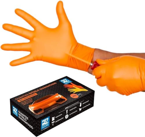 RZ TOOLS Guantes de Nitrilo Desechables Naranja | Guantes Extra Gruesos con Textura Diamante | Guantes para Taller y Montaje de Alta Resistencia Desechables | Tamaño S, L, M y XL | 7 Micras (100, M)
