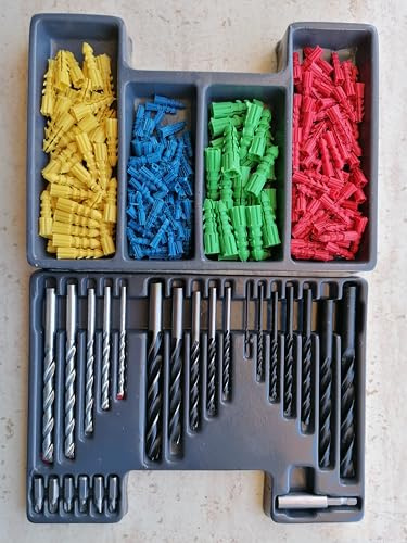 Brocas, Puntas y Tacos Surtido 300 Piezas en Estuche – Kit Completo para Hormigón, Madera y Metal con Puntas 1/4” y Tacos de Pared Multimedida