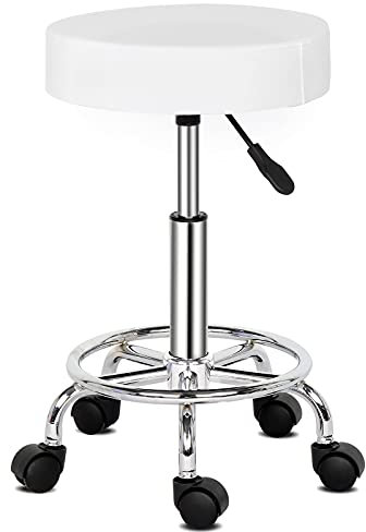 Bonnlo Rollhocker höhenverstellbar, Bürohocker 8cm Polsterung, Arbeitshocker 360° drehbar, Drehhocker für Büro/Salon/Bar, Kunstleder, Weiss