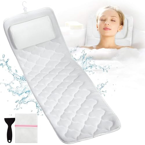 Helkropp badkudde halkfri spa badkar kudde med 13 sugkoppar tvättpåse badkar kudde för nackstöd nacke axlar och ryggstöd 127 x 40 x 2,5 cm