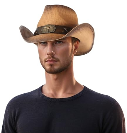 hatsXcaps Straw Cowboy Hat for Men & Women, Lightweight Breathable Summer Western Sun Hat with Leather Band, Wide Brim Ranch Cowgirl Hat for Festivals, Beach, Outdoor & Country Wear