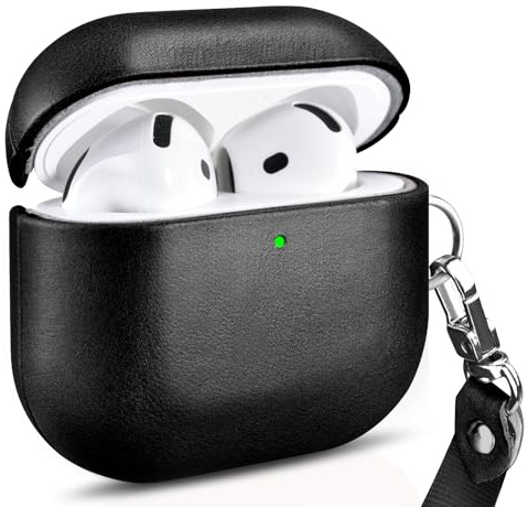 ICARER Leder Hülle mit Trageband für AirPods 4 Schutzhülle Tasch, Schwarz | Premium Echtleder, Stoßfeste Schutzhülle, LED sichtbar, Unterstützung Wireless Ladegerät, Einfaches Anbringen und Abnehmen