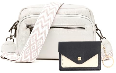 JinDouer Kleine Umhängetasche Damen Echtes Leder, Crossbody Bag Elegant mit Mehrere Fächer, Handtasche mit Abnehmbarem Modern Breitem Schultergurt, Münzbörsen für Damen Senden (Weiß)