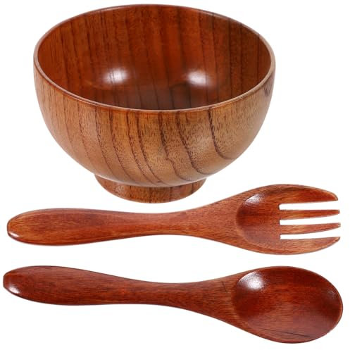 PHENOFICE Wooden Salad Bowl Set 10.5x6.7cm Food-Grade Jujube Wood Small Serving Salad Bowl Spoon and Fork Portable Kitchen Tableware 3pcs Set