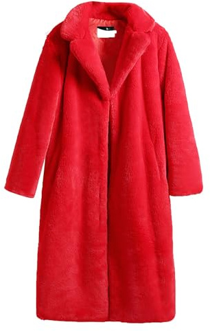 Lazzboy Wintermantel Damen Lang Revers Cardigan Jacke Warme Winter Oberbekleidung Mantel Plüschjacke Parka Faux Wolle Für Outwear Winterjacke Fleece Coat Warm Fellmantel (Rot,L)