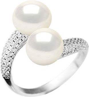 Pearls & Colors - Anello You & Me con perle coltivate d'acqua dolce autentiche 9-10 mm, colore bianco naturale, qualità AAA+, misura regolabile, in argento Sterling 925, gioielli da donna