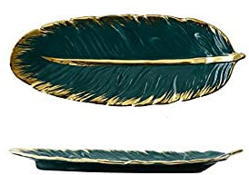 TENGJUN Assiette à dîner en céramique Verte et dorée en Forme de Plume de Feuille de bananier pour Dessert, Bijoux, Plateau cosmétique