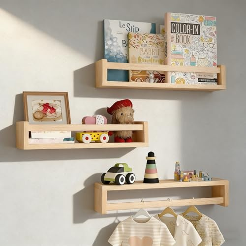 Aichilra Lot de 3 étagères flottantes pour livres et jouets, idéal pour les chambres d'enfants | Bois naturel