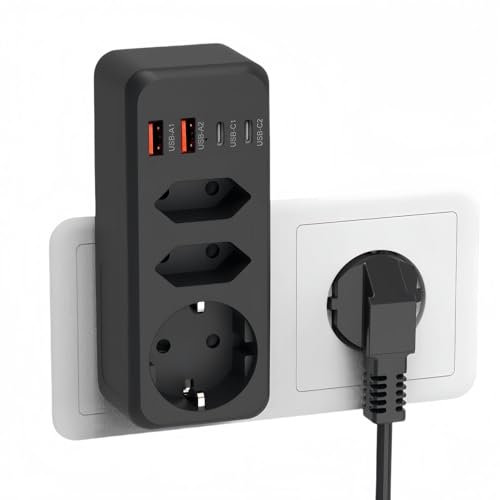 Ladron Enchufes 7 en 1,Enchufe Multiple con 4 USB,1 Schuko y 2 Enchufe EU,Ladron Enchufe Plano con USB C,Regletas Enchufes Pared,Enchufe Doble 3500W para Móvil,Familia,Oficina,Cocina,Negro