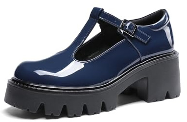DREAM PAIRS Mary Jane Plateau dam T-rem tjock klack stängd tå bekväma eleganta lediga skor kväll Lolita, Marin, 38 EU