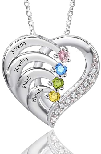 JONZIN Personalisierte Kette Silber mit Simulierte Birthstone,Halskette mit 2 3 4 Namen Damen Gravur,Personalisierte Geschenk für Mama,Freundin,Mütter,Muttertag,Geburtstag