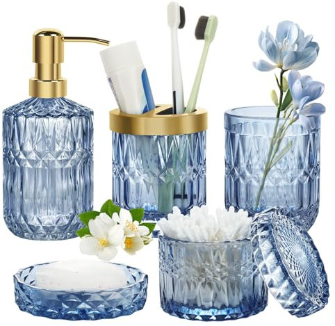 Lot de 5 Accessoires Salle de Bain en Verre - Decoration Salle de Bain avec Distributeur Savon, Porte Brosse à Dents,Tasse en Verre, Pot à Cotons-tiges et Porte-Savon, Gobelet, Cadeau de Luxe, Bleu