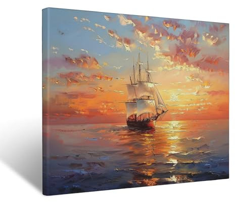IBTKQSM Sailboat Canvas Nautical Wall Art Boat Ocean Pictures Wall Decor for Bathroom Living Room Bedroom Kitchen Office,Coastal Sunset Print Painting Artwork Decoration 16 x 12 inch