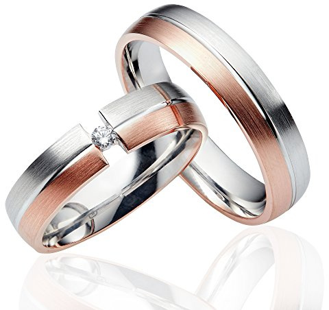 JC Trauringe 925er Sterling Silber Rose-Gold Plattiert Paar-Preis I Ehe-Ringe bi-color mit kostenloser Gravur I Verlobungsringe 6 mm breit inkl. Etui-Box I Damen-Ring mit Stein I Gr. 48 bis 72 I LC004