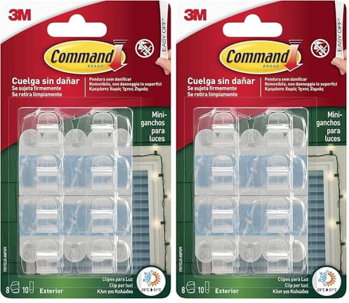 Command Ganci Adesivi Trasparenti per Esterni - 8 Mini Ganci e 10 Strisce Adesive per Appendere Luci in Giardino in Modo Sicuro e Senza Danni (Confezione da 2)
