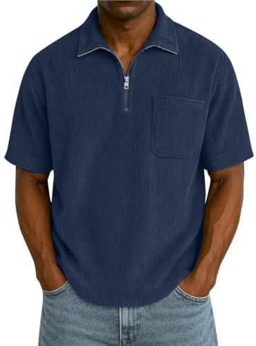 SOOUICKER Herren Poloshirt Kurzarm mit Zip Cord Tshirt Herren mit Kragen Polohemd Vintage mit Brusttasche Kurzarmhemd Polo mit Reißverschluss T Shirt Business Casual