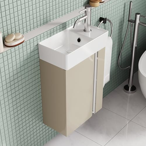BRIDGE BENO 40 cm Badrumsskåp Med Handfat – Litet Handfatsskåp Med Förvaring För Gästtoalett, Platsbesparande, Taupe Gloss
