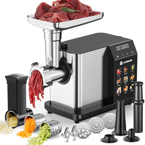 AAOBOSI 3000W Max Electric Meat Grinder, 9 Preset Modes & 9 Speeds, Non-Clogging Technology with Vegetable & Cheese Grater Kit, Sausage & Kubbe Maker, Built-in Storage for Home Use (Upgrade Version)