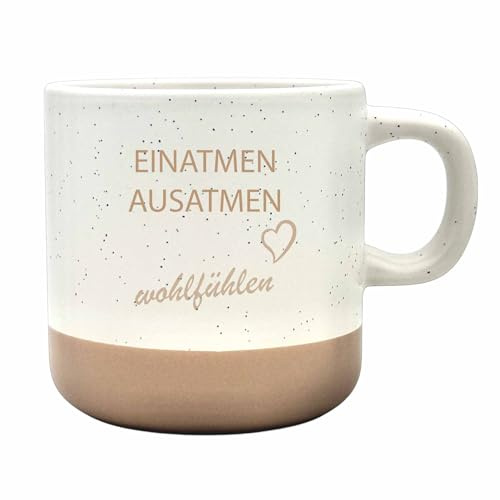 Steingut-Tasse 'EINATMEN' Keramik Kaffeetasse Teetasse I Spülmaschinenfest I Mikrowellenfest I 360 ml I Rustikales Design I Geschenk
