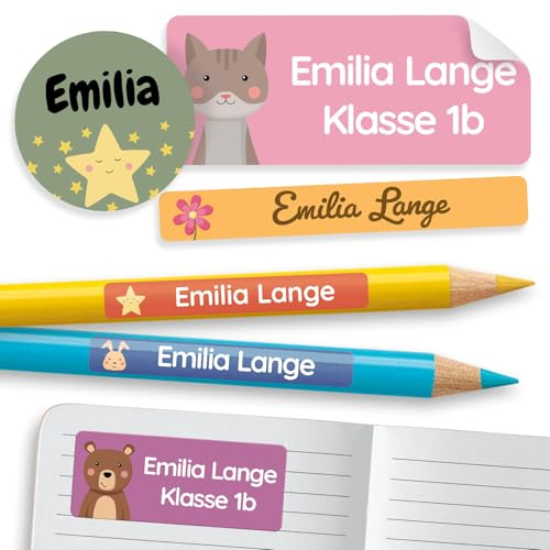 MELU Kids® Namensaufkleber Set für Kinder - Schule (60 STK, Mix) | Personalisiert & Wasserfest, Aufkleber mit Namen für Stifte & Schulsachen in verschiedenen Größen, Namensetiketten