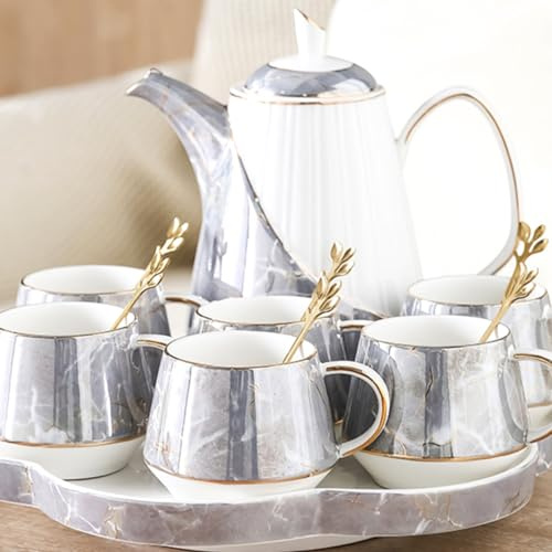 Service à thé en Porcelaine 14 pièces pour 4 Personnes avec Plateau et cuillères, Ensemble de Tasses à thé/café de Luxe de Style Britannique avec Bordure dorée,