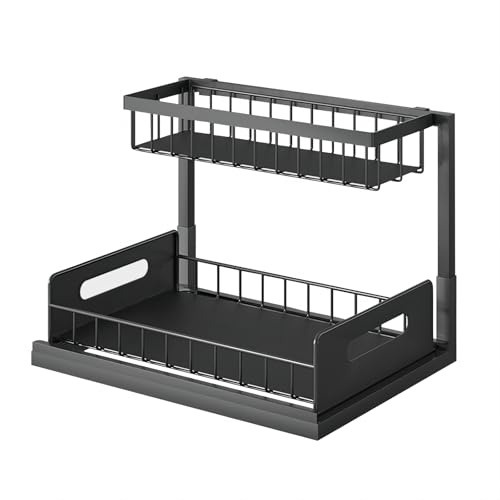 XUANYU Rangement sous Évier Organisateur Réversible et Coulissante, Lot de 1 Étagère de Cuisine 2 Niveaux, Forme de L Organisateur de Placard pour Cuisine Salle de Bain Salon, Noir 27 x 36,5 x 28,5 cm