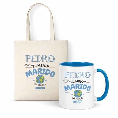 Kembilove® Taza regalo marido personalizada con nombre | Pack taza y bolsa “Eres el mejor marido del mundo” | Detalle original cumpleaños, aniversario y navidad