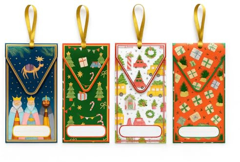 ARGUVAL ® - Billeteros navideños para regalar dinero efectivo de forma original y decorativa | Pack de 8 sobres con cinta dorada para colgar en árbol de Navidad | 4 Diseños diferentes y doble unidad.