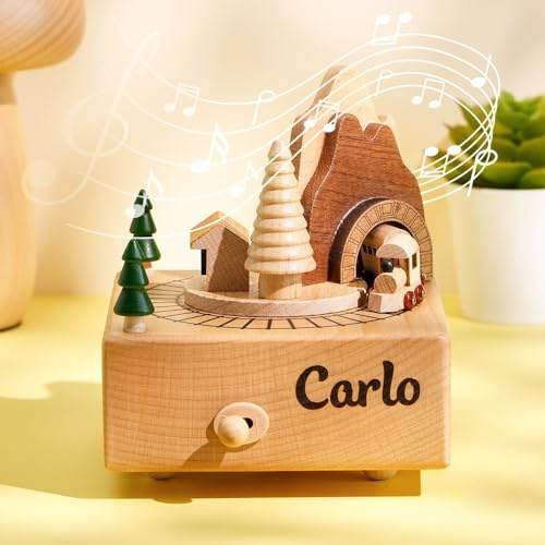 Smile lab Zug Tunnel Spieluhr aus Holz mit Namen, Personalisierte Geschenke zum Geburtstag, Spieluhr Das Schloss im Himmel, 1 Jahr Geschenk, Mädchen Geburtstagsgeschenk, Nikolaus Geschenke (Holz)